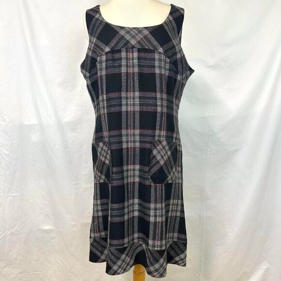 BANDOLINO WOOL Black Gray Red Plaid Jumper Dress Pockets Women's Plus 16 Preppy - Picture 1 of 8
